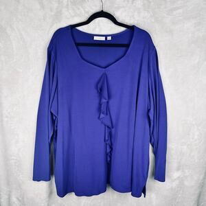 Susan Graver Top Women 3X Blue Liquid Knit Ruffle Long Sleeve Office Stretch